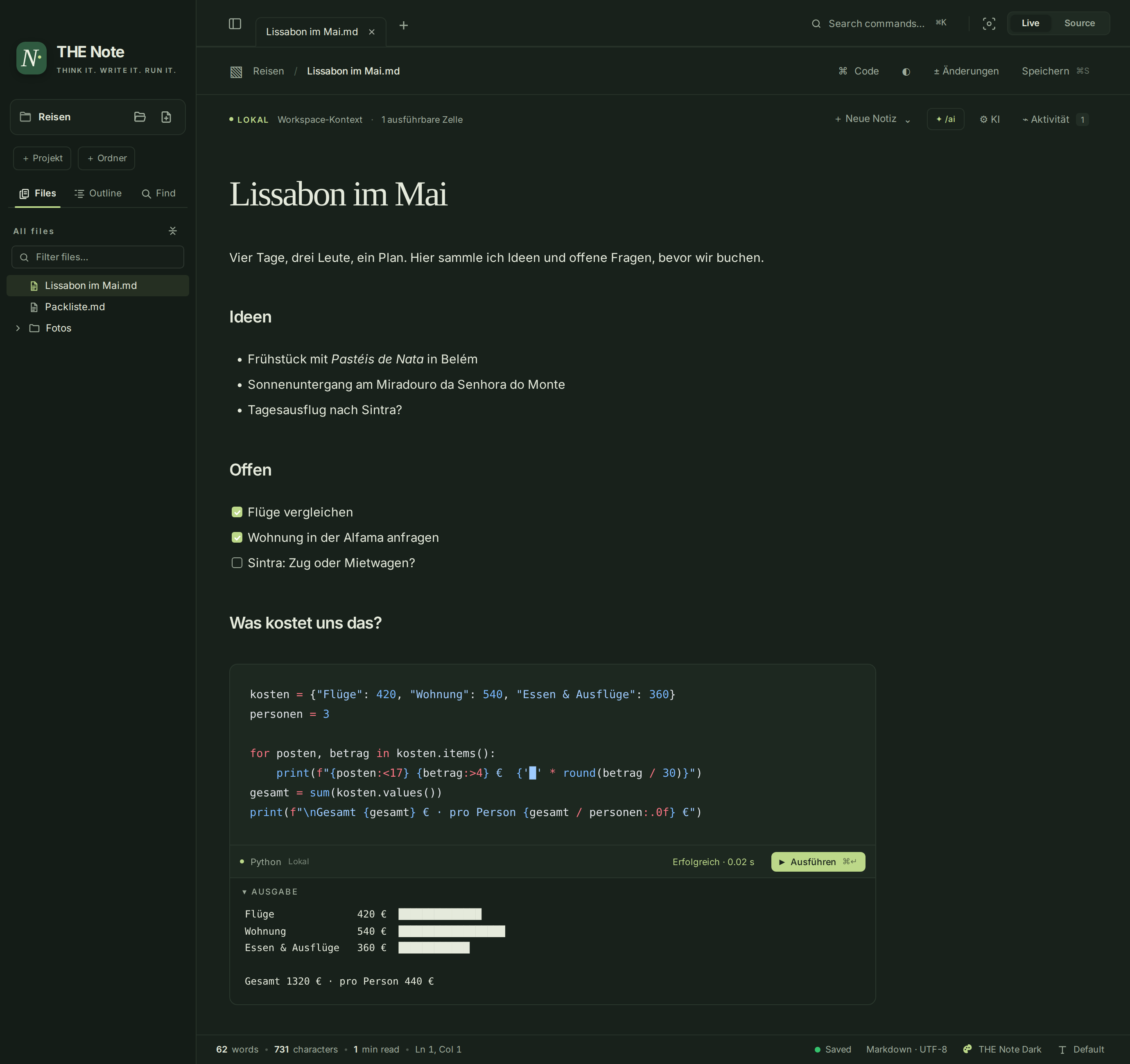 The same note in dark forest green with a cost calculation and its output