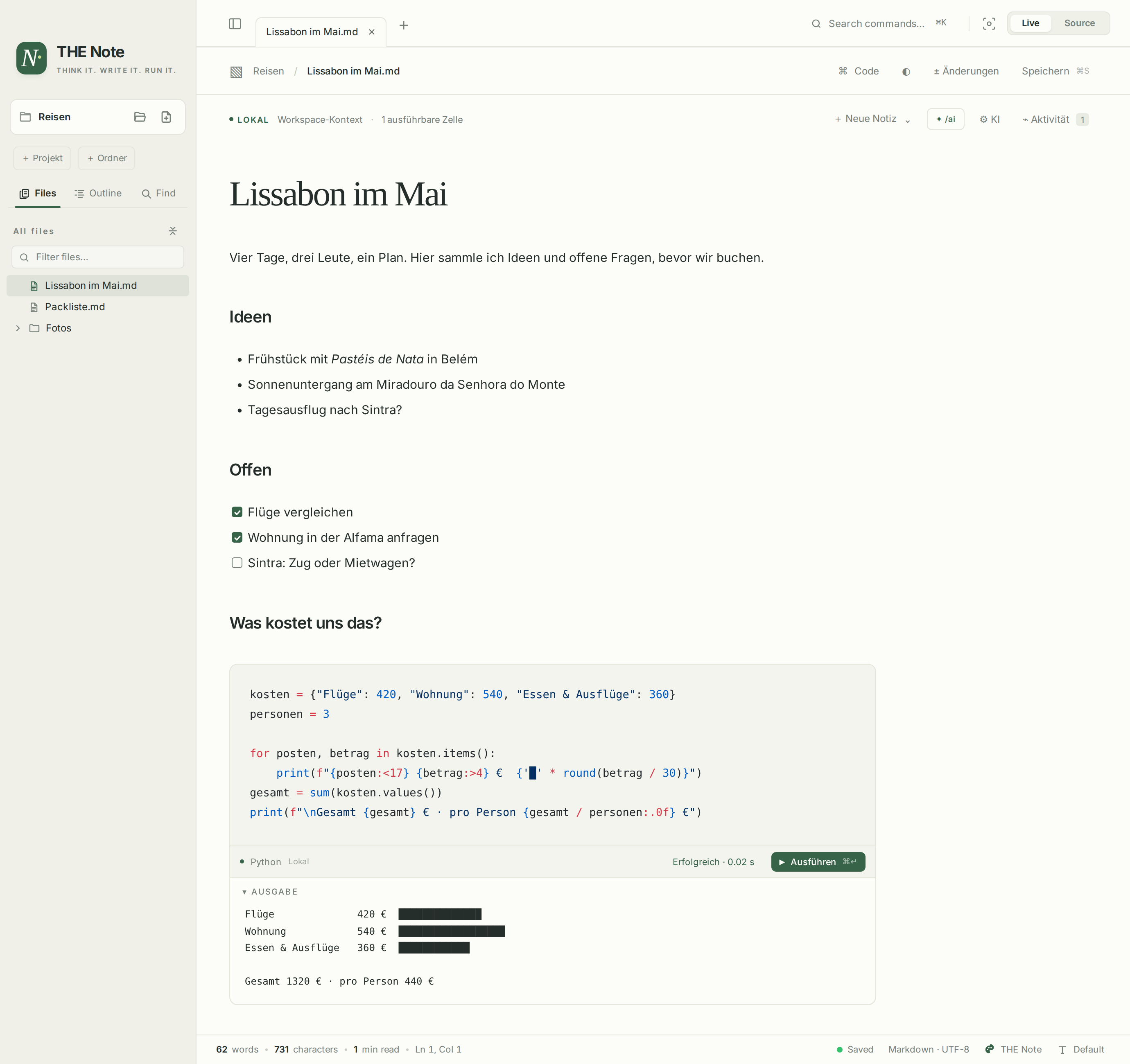A note with headings, an idea list and a checklist
