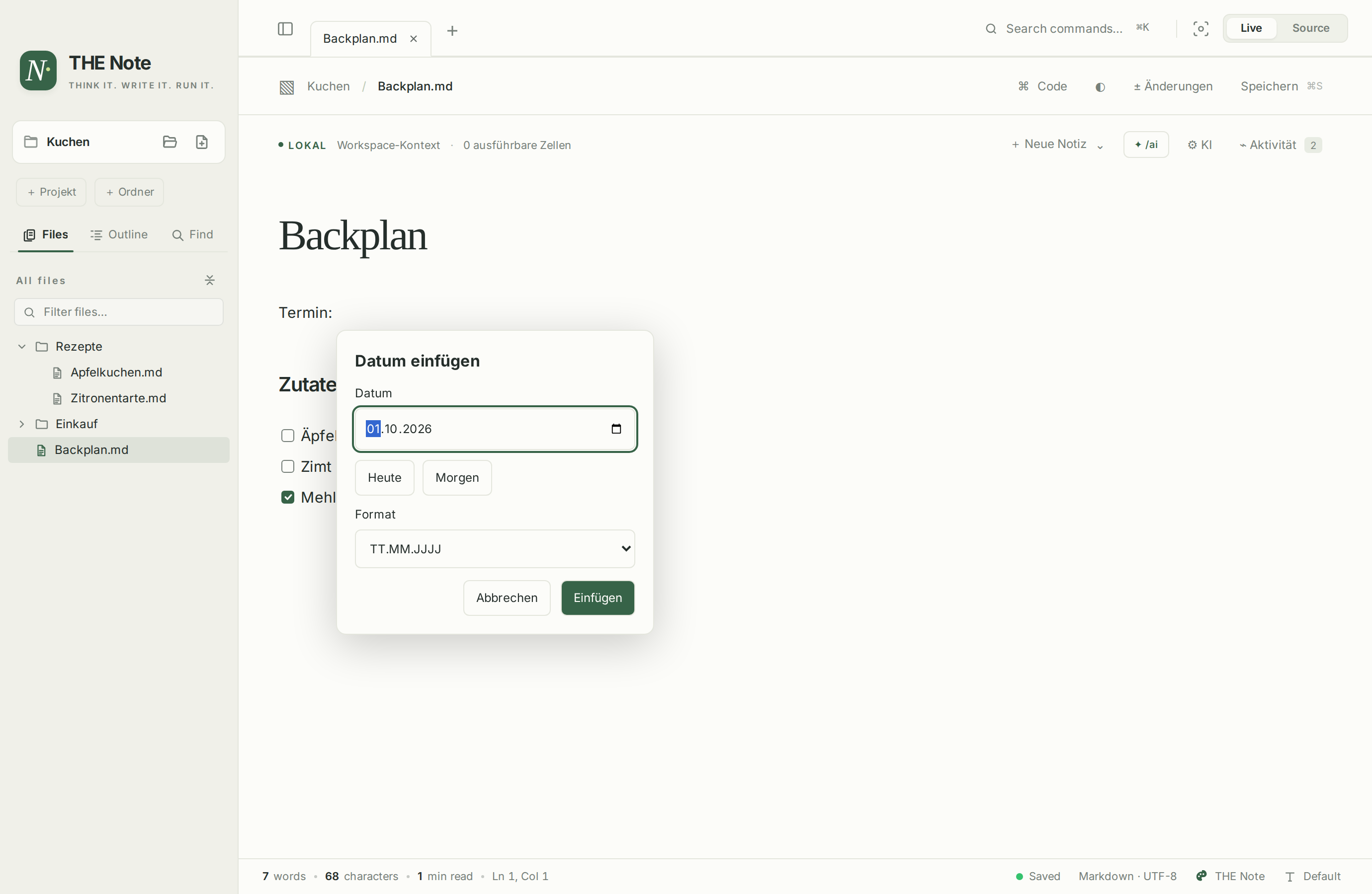 A folder with sub folders and an inline date picker
